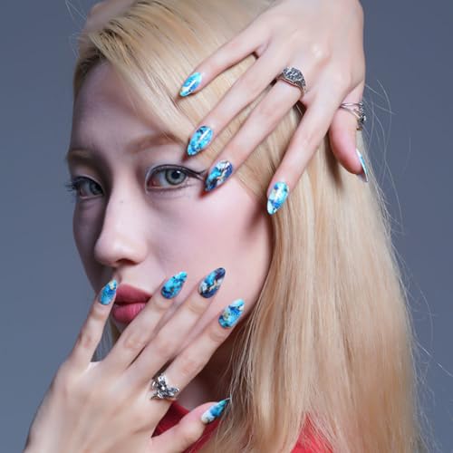 GLAMERMAID Press on Nails Medium Almond,Ombre Blue False Nails with Marble Design,Gel Glue - image 6