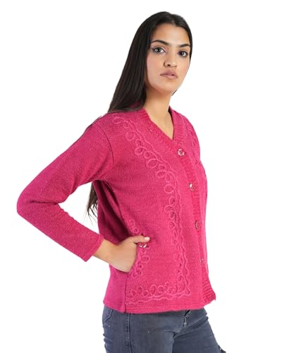 Image of MANRA Women's Woolen V-Neck Buttoned Full Sleeve Cardigan Self Design Soft Wool Fabric Winter Wear Pure Wool Sweater Fully Warm with Front Pockets Stylish Cardigan