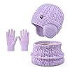 D'hiver Enfant Bonnet avec Cache-Oreille Écharpe Gants 3 en1, Doublure Intérieure en Polaire Bonnet en Tricot Chaud Élastique Cache-Cou Gants à écran Tactile pour Fille Garçon 4-10