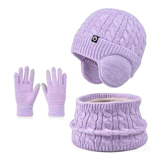 D'hiver Enfant Bonnet avec Cache-Oreille Écharpe Gants 3 en1, Doublure Intérieure en Polaire Bonnet en Tricot Chaud Élastique Cache-Cou Gants à écran Tactile pour Fille Garçon 4-10