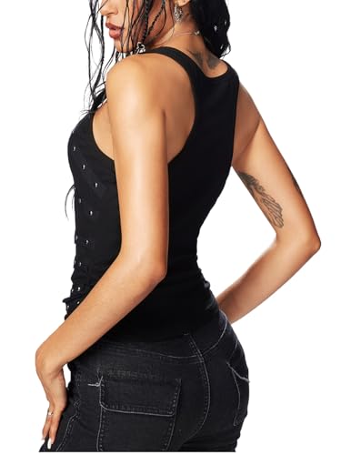 Floerns Women's Y2k Punk Studded Streetwear Tank Top Ripped Fitted Scoop Neck Grunge Vest Going Out Rock Concert Outfits2