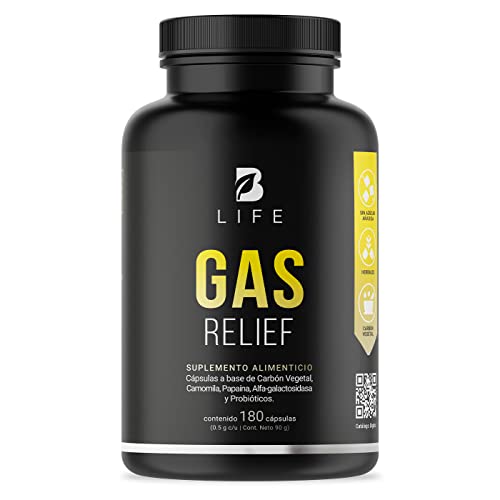 Productos Para La Menopausia, Gas Relief de 180 cápsulas. Ingredientes naturales: Carbón Vegetal, Camomila, Papaína, Alfa-Galactosidasa, Probióticos. Gas Relief B Life.