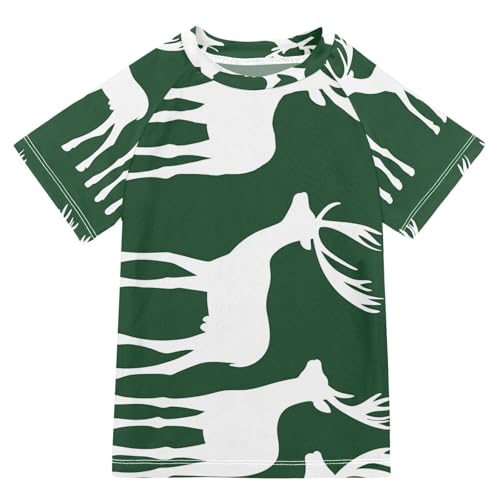 Boys Short Sleeve T-Shirts Deer Elk Animal Green Rashguard Kids Swim Shirts Sun UPF 50+
