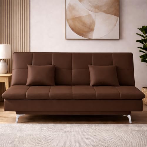 Image of Casaliving Danny 3 Seater Sofa Cum Bed Leatherette Fabric (Brown) with Two Cushions Perfect for |Home Living |Office Room and Guest Room Premium Sofa