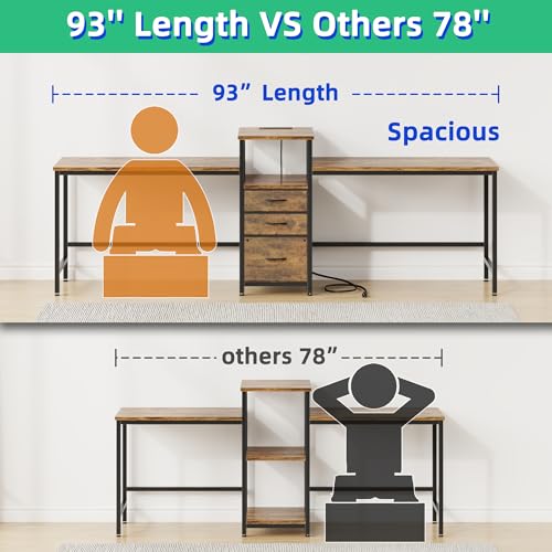 93'' Two Person Desk with Charging Station, Long Desk with 3 Fabric Drawers and Printer Shelf, Double Computer Desk, 2 Person Writing Study Table Workstation for Home Office, Rustic Brown