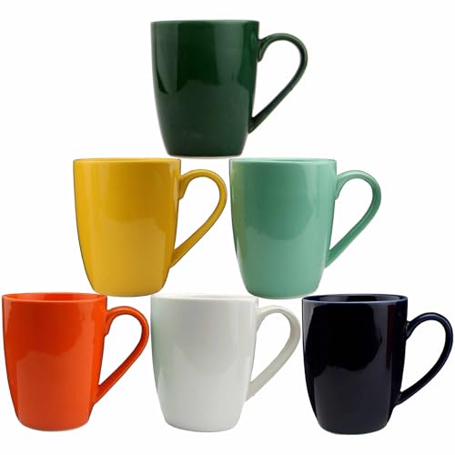 superyes Juego de 6 tazas de cerámica grandes para capuchino latte, barril de 360 ml, mango de fácil agarre, amarillo sólido/azul/verde/naranja/verde menta/blanco esmaltado