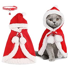 2PACK Cat Dog Cloak with Red Xmas Hat, Christmas Pet Costume with Bell Band as Pet Gift, Christmas Costume for Cats Puppy Kitten Small Dogs Pets, For Christmas New Year Cosplay Party (M Size)
