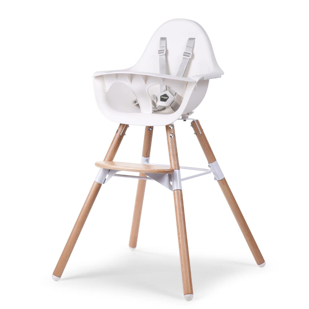 CHILDHOME, Chaise Haute Bébé/Enfant, Evolutive, Dès 6 mois, Réglable en Hauteur, Harnais 5 Points, Nombreux Accessoires, Compatible avec Transat Naissance Evolu, Bois de Hêtre, Evolu 2, Blanc