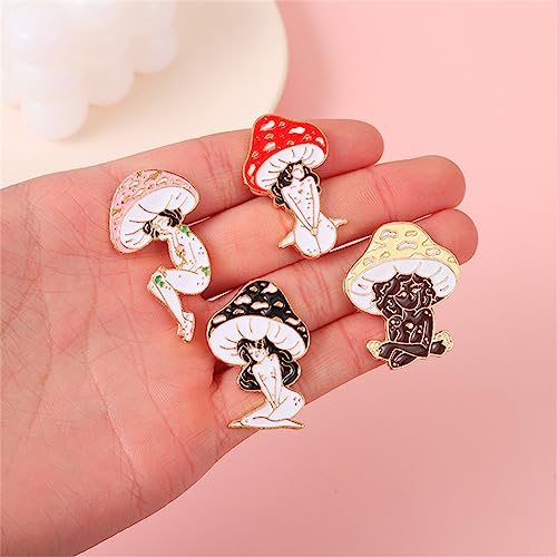 Image of 4PCs Cartoon Mushroom Girl Pins Brooches Enamel Lapel Pin Cute Mushroom Brooch Pin Plant Mental Enamel Pins Set Mushroom Brooches for Backpack Cloths Hats Accessories Decor Women Girls Jewelry Gifts