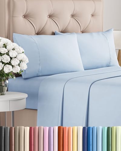 Image of Twin 4 Piece Bed Sheet Set - Comfy, Breathable & Cooling Sheets - Sky Blue | Ultra Soft Hotel Luxury Bedding Set with 8-16 Inch Deep Pockets, 1 Flat & 1 Fitted Sheet & 2 Pillowcases, Wrinkle & Fade Free