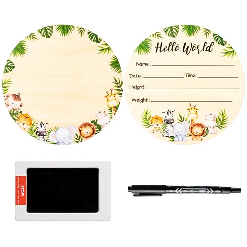 Image of R HORSE Baby Birth Announcement Sign with Marker Pen, Safari Animals Baby Name Sign with Ink Pad for Hand and Footprints, Wooden Hello World Newborn Announcement Nursery Decor Keepsake Gifts