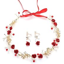 Vctitil Crystal Hairband Earring Set Red Headdress With Ribbon Wedding Jewelry Tiaras Rose Flower Crown Pearl Wedding Hair Jewelry