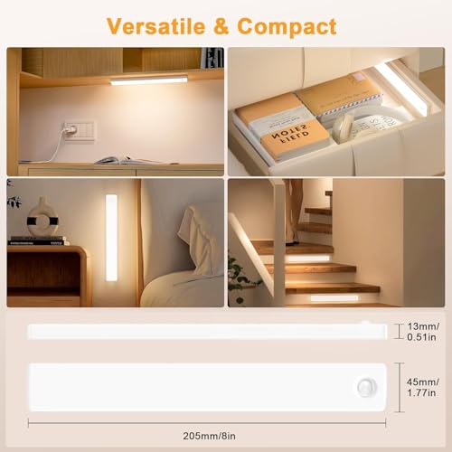 Under Cabinet Lighting, USB Rechargeable Motion Sensor Light Indoor, Battery Operated Closet Light, LED Cabinet Lights, Stick On Dimmable Under Counter Lights for Kitchen (2-Pack)