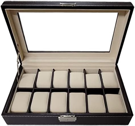 TimelyBuys 12 Piece Chocolate Brown Leatherette Men's Watch Box Display Case Collection Jewelry Box Storage Glass Top Father's Day