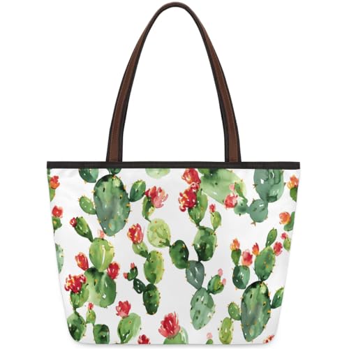 Large Tote Bag For Women Cactus Flower Spring Work Cloth Bags With Zipper Reusable Grocery Hand Bags Casual Travel Overnight Tote Purses Fit Travel,Work, Vacation,Beach, Shopping,Gifts