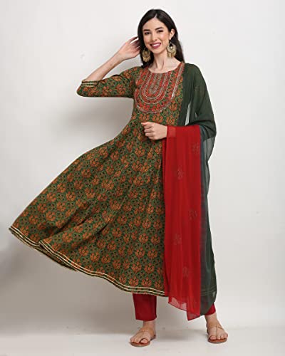 Image of ROLYPOLY Women's Green And Red Coloured Pure Cambric Cotton Sequence Embroidered Kurta Set With Dupatta (ROLYVL213-P)