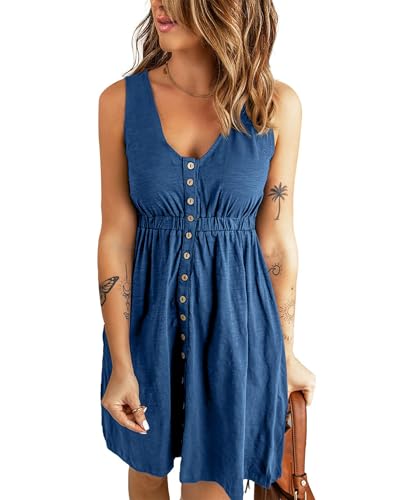 BTFBM Women Sleeveless Summer Dress 2025 Crewneck Ribbed Knit Ruffle Swing Button Down Beach Sun Mini Tank Short Dresses(Buttons Royal Blue, Large)