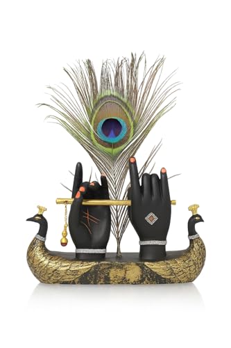 Image of Mariner's Creation Decorative Krishna Hand Showpiece with Metal Flute and Peacock Feather for Home Decor Living Room and Pooja Room and Gift, Black and Gold Base, 23x6x15 cm, Religious Home Decor