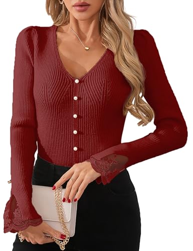 Image of Libsorge Womens Slim Dressy Pearl Lace Ruffle Sweater Fall 2025 Business Casual Outfits V Neck Ribbed Knit Tunic Tops