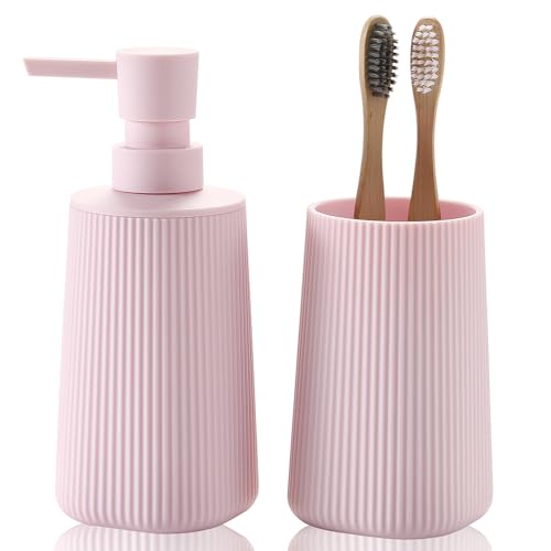YAUKPH Bathroom Accessories Set 2 Piece Soap Dispenser and Toothbrush Holder for Bathroom Countertop Striped Pink