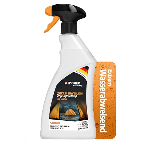 SPRINGER HX4000 - - Outdoor Imprägnierung 500 ml - - Made in Germany - - Imprägnierspray für Zelt, Pavillon, Markise, etc. - - Hält Textilien wasserdicht - - Atmungsaktiver Langzeitschutz (500 ml)
