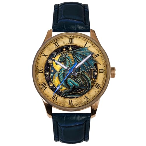 19th Century British Ephemera Blue Dragon Fantasy Art Solid Brass Men's Watch