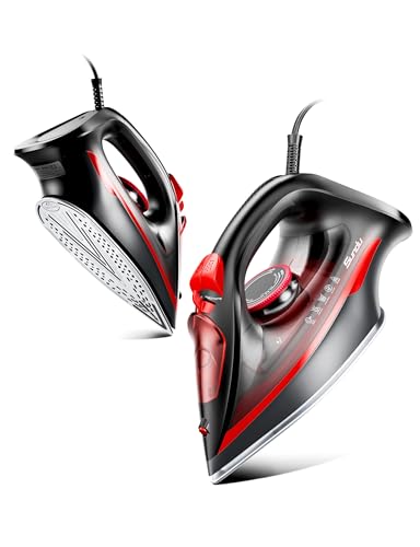 Sundu Mini Travel Steam Iron, 1000W Portable Small Iron with Non-Stick Plate, 300 Steam Holes, 90ml Tank, Safety Base & Digital Temp Control for Quilting Sewing-Red Black