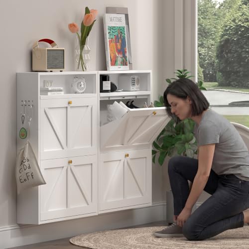 Image of Shoe Cabinet, 2 Flip Shoe Rack for Wall Mounted, Ultra Slim Shoe Organizer for Entryway, Front Door Shoe Storage, Anti-Tip, White