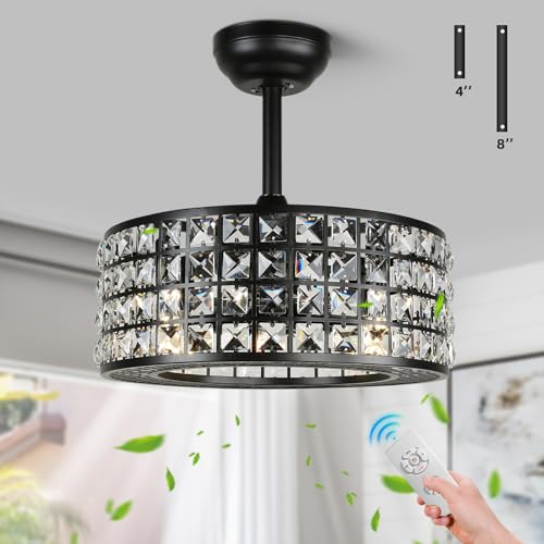 YYEHON Bladeless Ceiling Fan with Lights and Remote, 18" Caged Industrial Fandelier, Indoor Crystal Chandelier Ceiling Fan for Bedroom, Living Room, Dinning Room, Kids Room, Black
