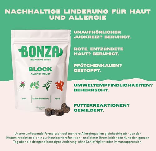 Bonza Bioactive Bites for Dogs – Allergy & Skin Support – Itchy Skin Relief Chew with Botanicals, Omega-3, Probiotics & Prebiotics – Natural Antihistamine, Soothes Skin & Supports Coat – 60 Soft Chews