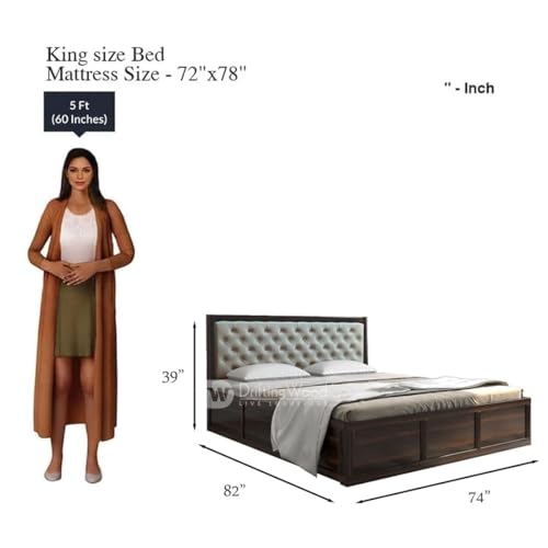 Image of DRIFTINGWOOD Dolvi Sheesham Wood King Size Bed with Storage | Wooden Double Bed Cot Bed with Box Storage & White Rexine Upholstered Cushioned Headboard for Bedroom | Walnut Finish