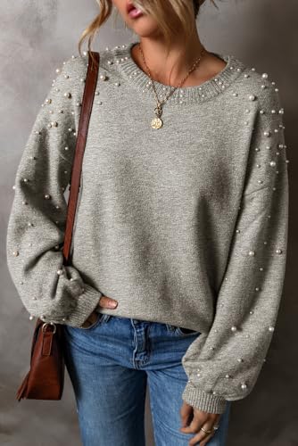 Pearl Sweater for Women Lantern Sleeve Drop Shoulder Crewneck Sweatshirt Knit Chunky Pullover Sweaters with Pearls2