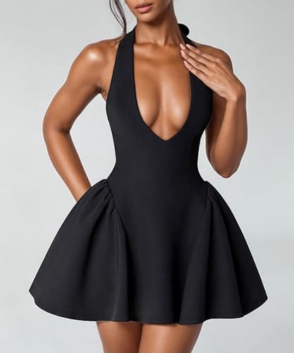 Image of Kwunbwa Women's Sexy Sleeveless V Neck Halter Backless A line Mini Dress | Ruffle hem, flowy, solid color, suitable for casual, party, cocktail, club, prom, wedding guest, vacation, birthday, travel