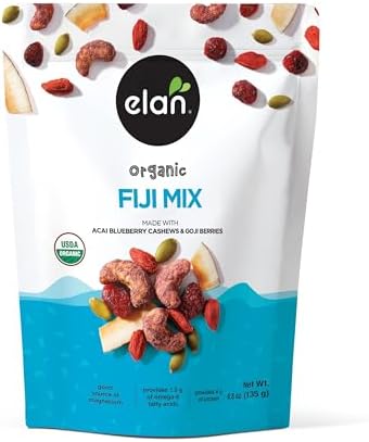 Elan Organic Fiji Mix, 4.8 oz, Non-GMO, Gluten-Free, Vegan, Kosher, Dried Fruits (Dried Goji Berries, Dried Cranberries), Superfood Infused Nuts (Blueberry Acai Cashews), Pumpkin Seeds