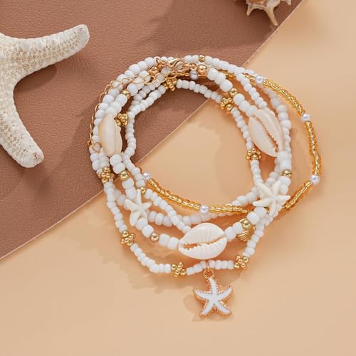 Image of Boho Shell Ankle Bracelet Set for Women, 5 Pairs 14K Boho Bead Handmade Adjustable Anklet, Hawaiian Beach Seashell Starfish Foot Jewelry Gifts