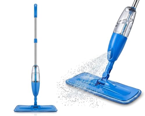 Image of Spray Mop for Floor Cleaning with Refillable Water Tank, Washable Microfiber Pad & Stainless Steel Handle | Flat Wet Mop for Tile, Marble, Wooden & Laminate Floors | Blue