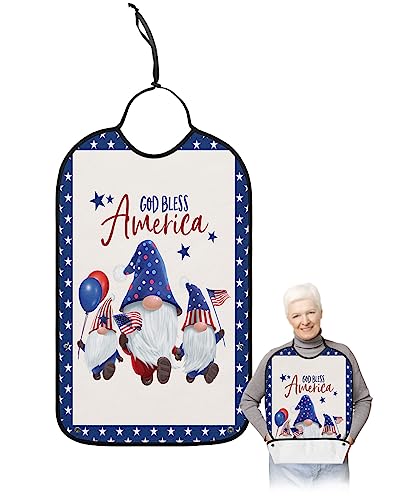 Kewadony Adult Bibs for Elderly Women - 4th of July Waterproof Dining Clothing Protectors with Crumb Catcher for Eating/Feeding, Independence Day Gnomes American Flag Star Terry Cloth Bib Washable