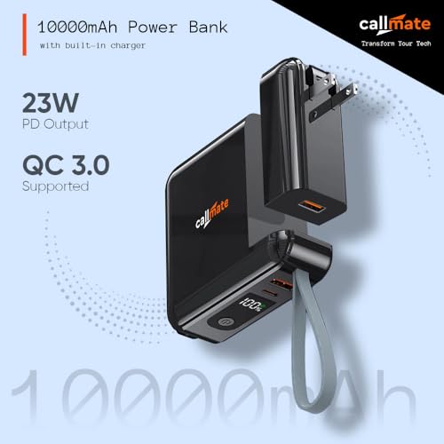 Image of CALLMATE Globetrotter 23W PD Fast Charging 10000mAh Power Bank with Built-in Charger (2.4A), USB-A QC 3.0 & USB-C PD Output Port with Built in Cable (Light-ning & Type C) (Black)
