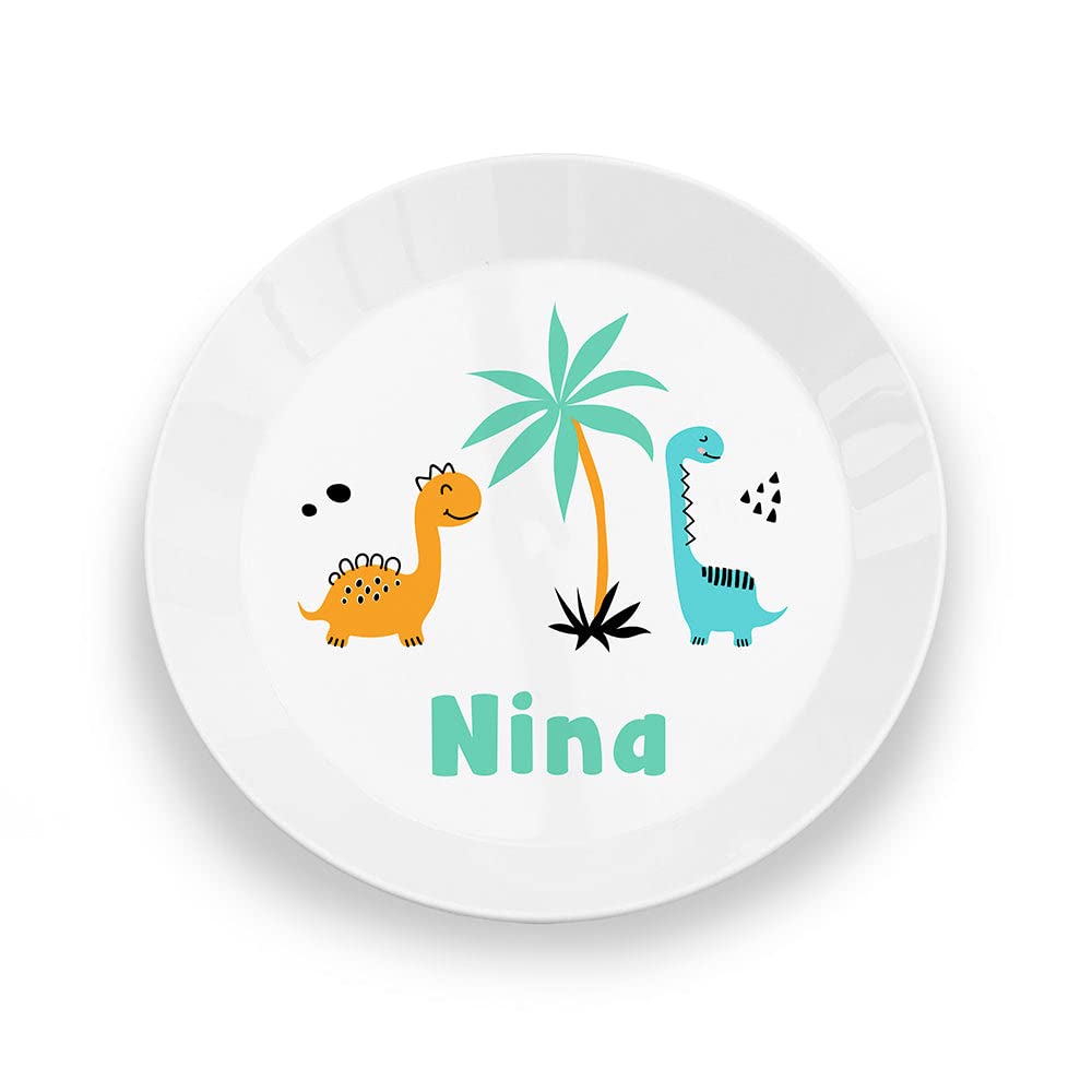 Treat Republic Personalised Children’s Cute Dinosaur Plate – 19cm x 1.8cm, Custom Name, Printed Plate for Kids, Made from Plastic, Raised Sides | Children’s Dinnerware Sets