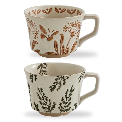 Swuut Juego de 2 tazas de café de cerámica vintage de 12 onzas, hechas a mano, cerámica, campo, granja, otoño, otoño, tazas de té con asa grande para café con leche, cacao, lavavajillas y microondas