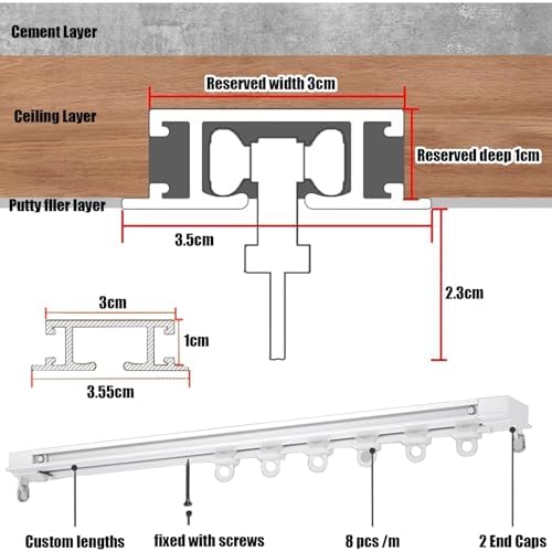 Invisible Double Curtain Ceiling Track - Silent Recessed Rod with Pre-Built Mount for Room Dividers, Ideal for Balcony, Bedroom, Dressing Room - 1.0m Length