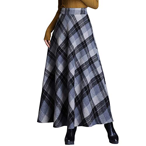 CHARTOU Women's Wool Blend High Waist Plaid A Line Flared Swing Maxi Long Skirt (Medium, Grey)