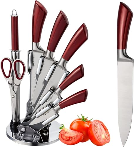 Set de Cuchillos de Cocina con Soporte Giratorio 360º - Acero Inoxidable con Tijeras y afilador - Mangos Soft Touch antideslizantes - Apto para lavavajillas.