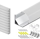 LED-Aluminiumprofil, 45-Grad-V-Winkel, 10 Stück à 1 Meter (10m Gesamtlänge), mit milchweißer PC-Abdeckung, Endkappen und Montageclips für LED-Streifen (10-teilig × 1m) [Energieeffizienzklasse A++]