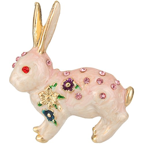 EVER FAITH Gold-Tone Crystal Pink Enamel Adorable Bunny with Multicolor Flower Brooch Pin