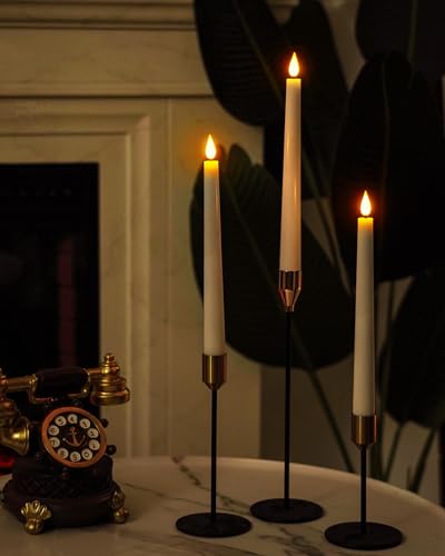 Image of Homemory 3 Pcs Waxy Flameless Taper Candles with Remote, Led Flameless Candlesticks Classic Tall Candles, Flickering Battery Operated Taper Candles for Bedroom, Dining Room, White, 9.6 inches
