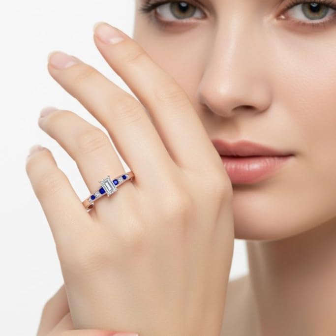 Image of 55Carat Choose Your Gemstone Diamond CZ Graduated Accent Ring Rose Gold Plated Emerald Shape Petite Engagement Rings Everyday Jewelry Wedding Jewelry Handmade Gifts for Wife US Size 4 to 12