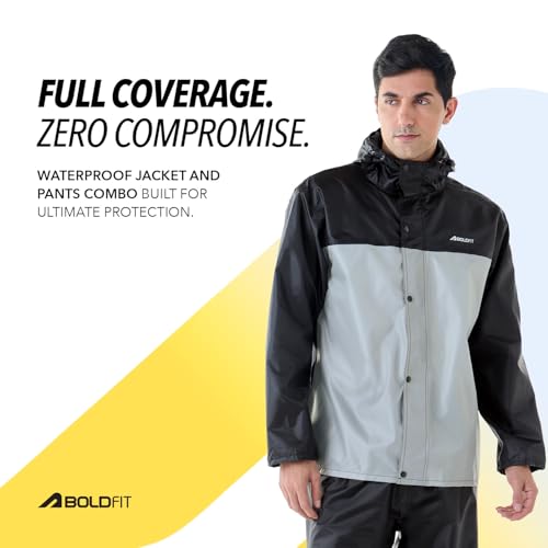 Image of Boldfit Rain Coat for Men Waterproof Raincoat Set for Women with Reflective Trim-Windproof Jacket & Pants Suit with Hood, Pockets & Breathable, Durable Fabric for Outdoor, Travel, Bike & Trekking Use