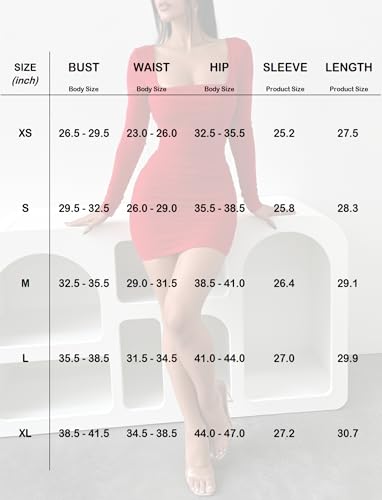 Image of OZICERD Long Sleeve Square Neck Bodycon Mini Dresses for Women Cute Ruched Cocktail Party Club Going Out Dress