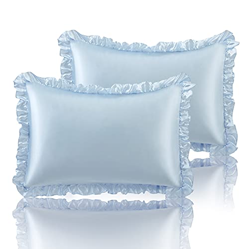 SiinvdaBZX Juego de 2 fundas de almohada de satén con volantes, color azul bebé, fundas de almohada de tamaño estándar, fundas de almohada con volantes y cierre de sobre